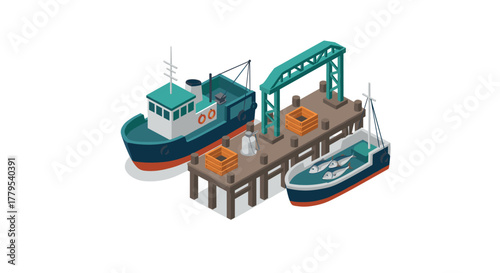Isometric cargo ships and dock scene with industrial cranes and fishing boats