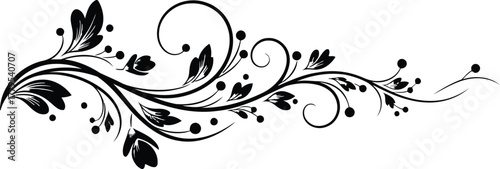 Elegant black swirling floral swirl design element with leaves and dots
