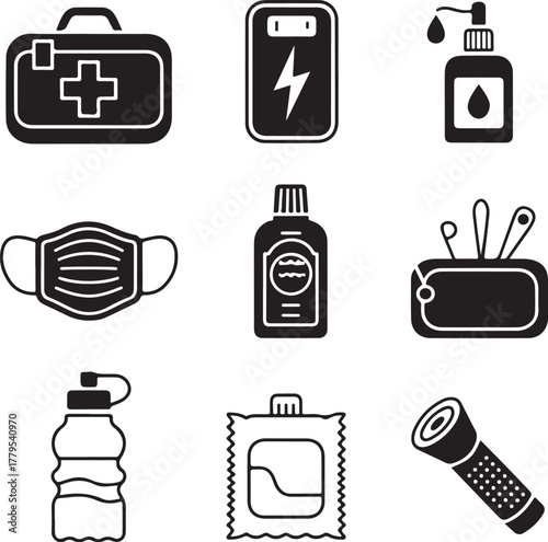 Nine Detailed Safe Travel Kits on White Background emergency kit first aid kit