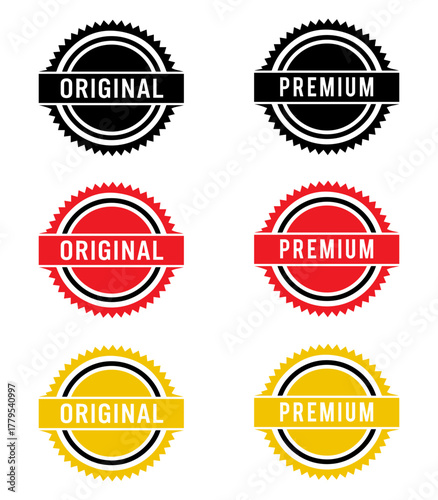 Collection of six circular badges and seals with serrated edges featuring the words original and premium in black red and yellow colors