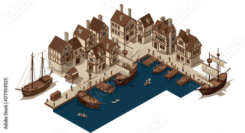 Medieval coastal town with ships and harbor in isometric view