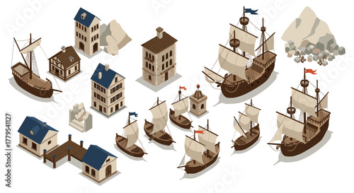 Historic maritime exploration with sailing ships and coastal architecture