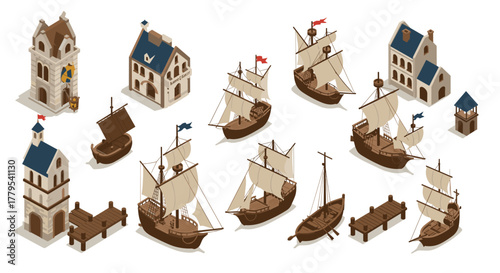 Isometric medieval harbor scene with ships, buildings, and docks in vintage style