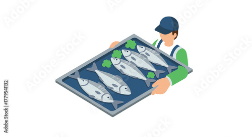 Isometric fish vendor holding tray with fresh seafood and herbs