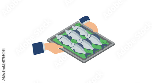 Isometric hands holding tray of fresh fish with lettuce