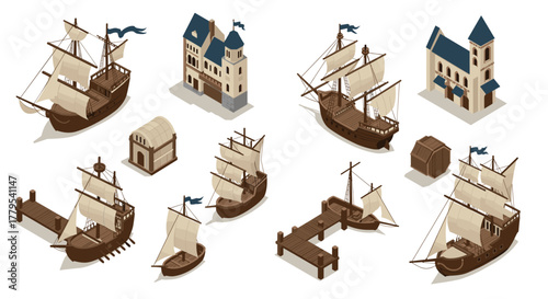 Isometric ships and harbor elements with historical buildings