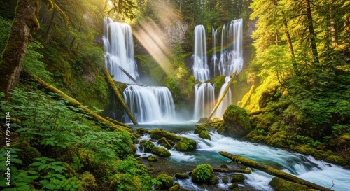 Fototapeta Naklejka Na Ścianę i Meble -  Sunbeams illuminate a lush green forest cascading with multiple waterfalls and a flowing river