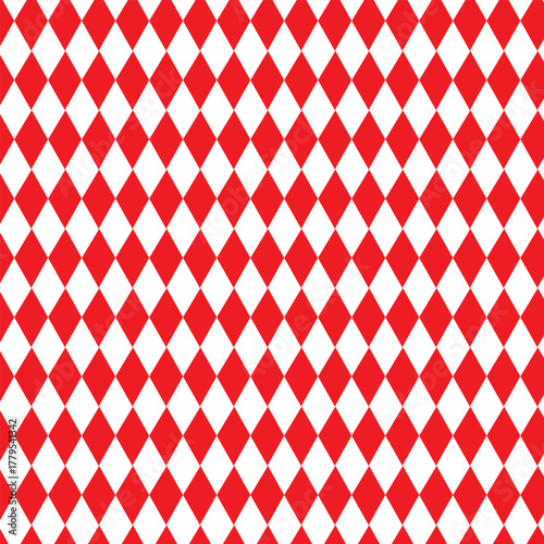 Checkered harlequin diamond seamless background Checkered harlequin diamond seamless background pattern vector in red and white. Geometric rhombus pattern background. Harlequin check wallpaper. Retro