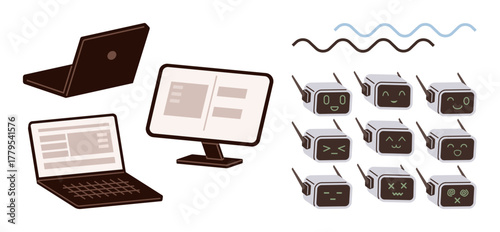 Laptops, monitor screen, grid of robotic avatars showing emotions, and abstract wave lines. Ideal for technology, AI, communication, remote work, robotics digital innovation simple flat metaphor