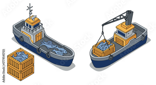 Isometric fishing boats with fish crates on deck