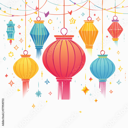 Colorful Hanging Lanterns With Tassels And Confetti In Bright Festival Colors On White Background