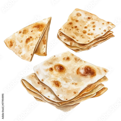 hand-drawn paint, Simple Illustration, A beautiful painting of lavash bread set, EPS format, isolated on a white background, watercolor style, minimal yet artistic elements for creative designs.