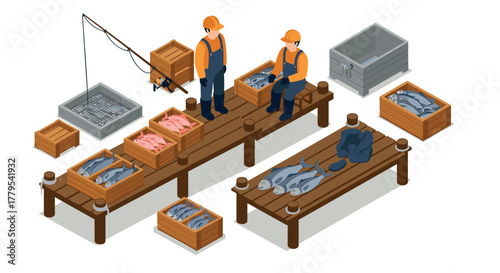 Isometric fishermen sorting fresh catch at a harbor with wooden crates and equipment