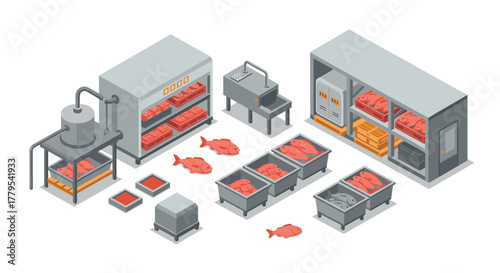Isometric meat and fish processing facility with equipment and products displayed