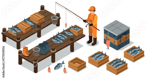 Isometric fishing scene with worker and fish processing setup