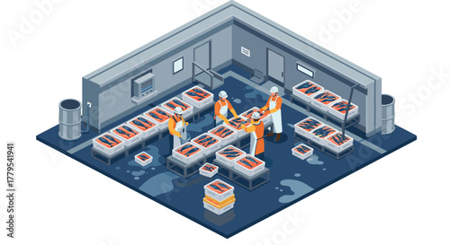 Workers processing fish in modern isometric seafood facility