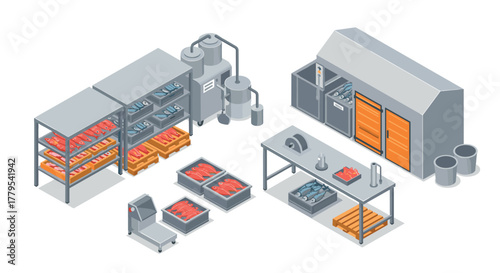 Isometric factory interior with meat processing equipment and storage