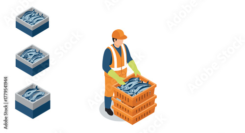 Isometric worker handling fisheries with safety gear and seafood bins