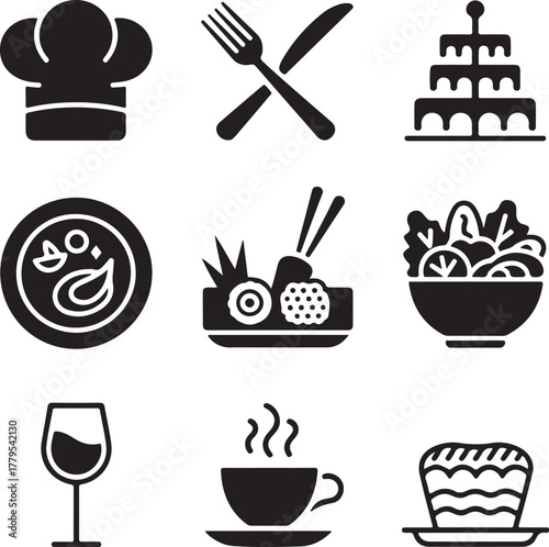 Nine detailed food presentation icons on a white background vector