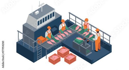 Isometric fish processing factory with workers on conveyor belt