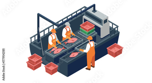 Isometric fish processing facility with workers handling seafood