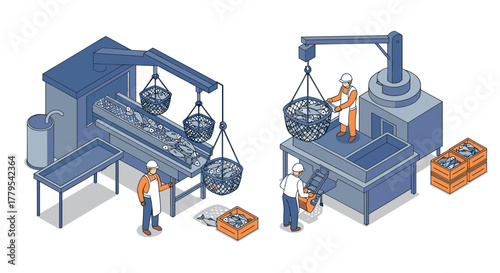 Isometric industrial factory workers operating machinery and handling materials safely