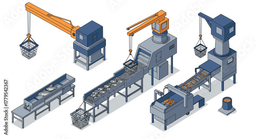Isometric factory assembly line with industrial machines and conveyor belts