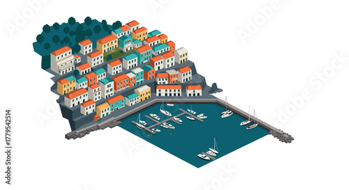 Charming isometric coastal village with colorful houses and boats