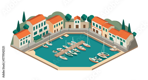 Isometric mediterranean village harbor with boats and colorful houses