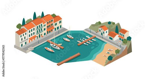 Charming isometric coastal town with boats and colorful houses