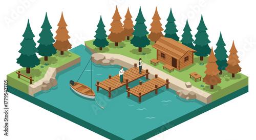 Isometric lakeside scene with cabin, dock, and forest in autumn colors