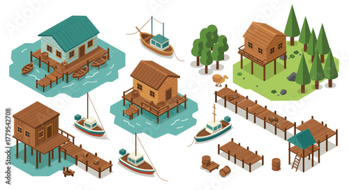 Charming coastal village scene with wooden houses and boats in isometric design