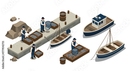 Isometric port scene with fishermen, boats, and fish crates on a dock