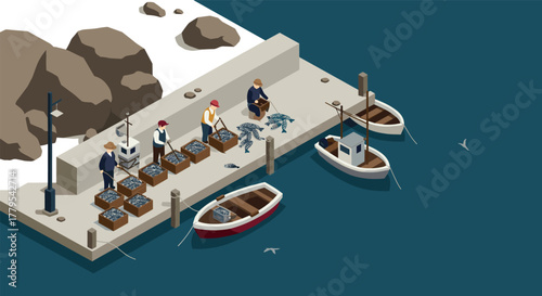 Isometric illustration of fishermen loading fishing boats at a dockside harbor