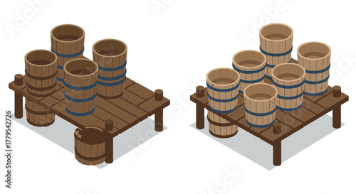Isometric wooden barrels on platforms stacked and single arrangements