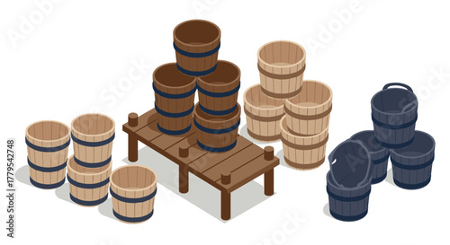 Isometric wooden and metal buckets collection on display table