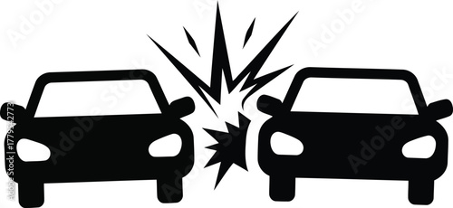 Automobile collision icon showing two vehicles impacting head on with crash symbol