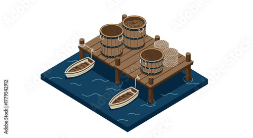 Isometric wooden dock scene with boats and barrels on calm water