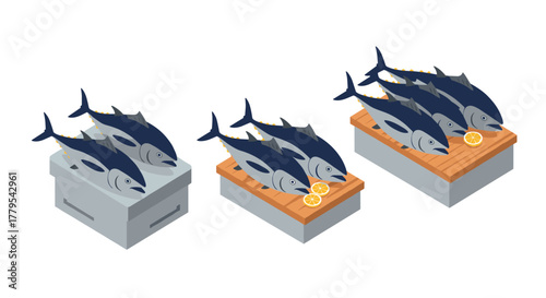 Isometric fresh fish market display with tuna on wooden crates and lemon slices