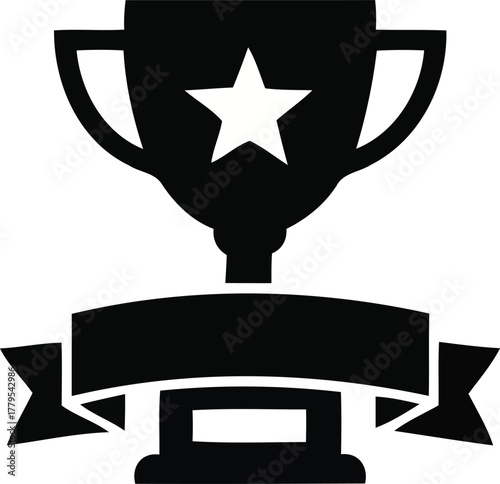 Black trophy cup icon with a white star and blank banner for text below