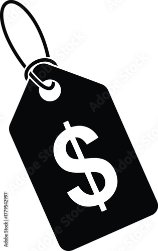 Black price tag icon with dollar currency symbol for shopping and sales.