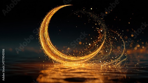 Golden crescent moon with sparkling particles reflected on dark water surface, ethereal abstract design