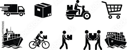 Eight monochrome icons depicting various delivery and logistics services and transportation