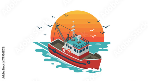Fishing boat at sea with sunset background and flying birds in modern flat design