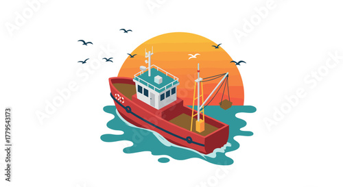 Isometric fishing boat at sunset with ocean waves and seagulls