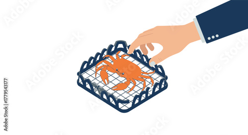 Hand releasing crab from cage concept of freedom and marine life