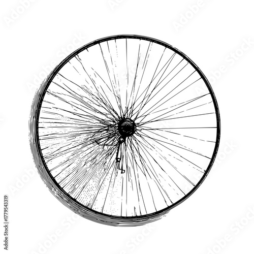 A detailed black and white drawing of a bicycle wheel with spokes radiating from the central hub outward