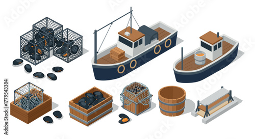 Isometric fishing boats and equipment set featuring crates, nets, and seafood traps