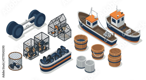 Isometric fishing equipment and boats collection with lobster traps and barrels