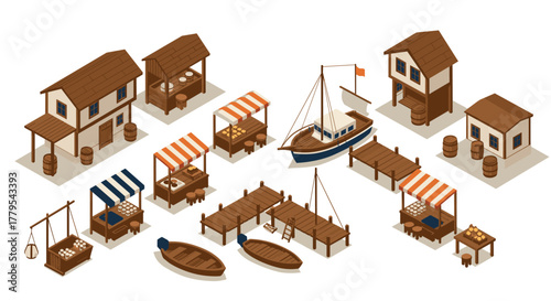 Medieval market and harbor scene with wooden stalls and boats in isometric design